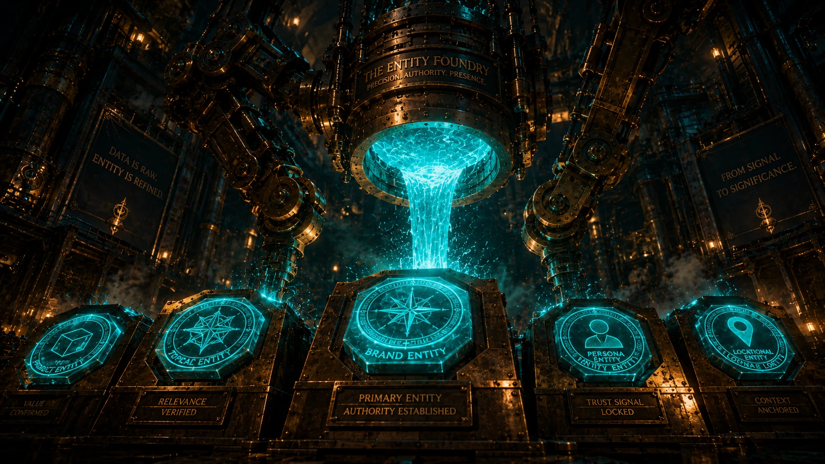 An intricate, cinematic interior of a digital foundry where molten Teal energy is being cast into solid, glowing geometric seals representing brand entities